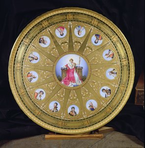 A mesa de Austerlitz, incrustada com placas de Sevres, comemorando a vitória de Napoleão em Austerlitz, 1808-10 (ouro e porcelana) (ver também 232838)